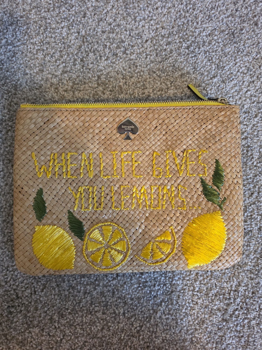 kate spade Natural Straw Cosmetic Pouch with Yellow Lemon Embroidery